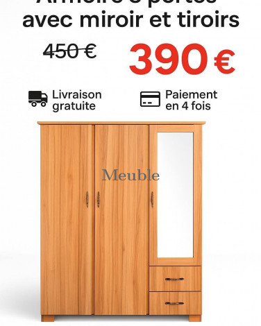 ARMOIRE 3 PORTES AVEC MIROIR ET TIRROIRE