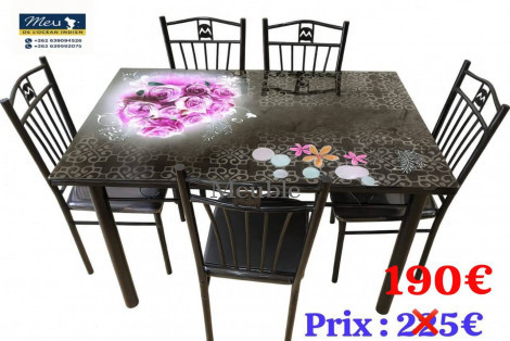 TABLE AVEC PLATEAU EN VERRE + 5 CHAISES
